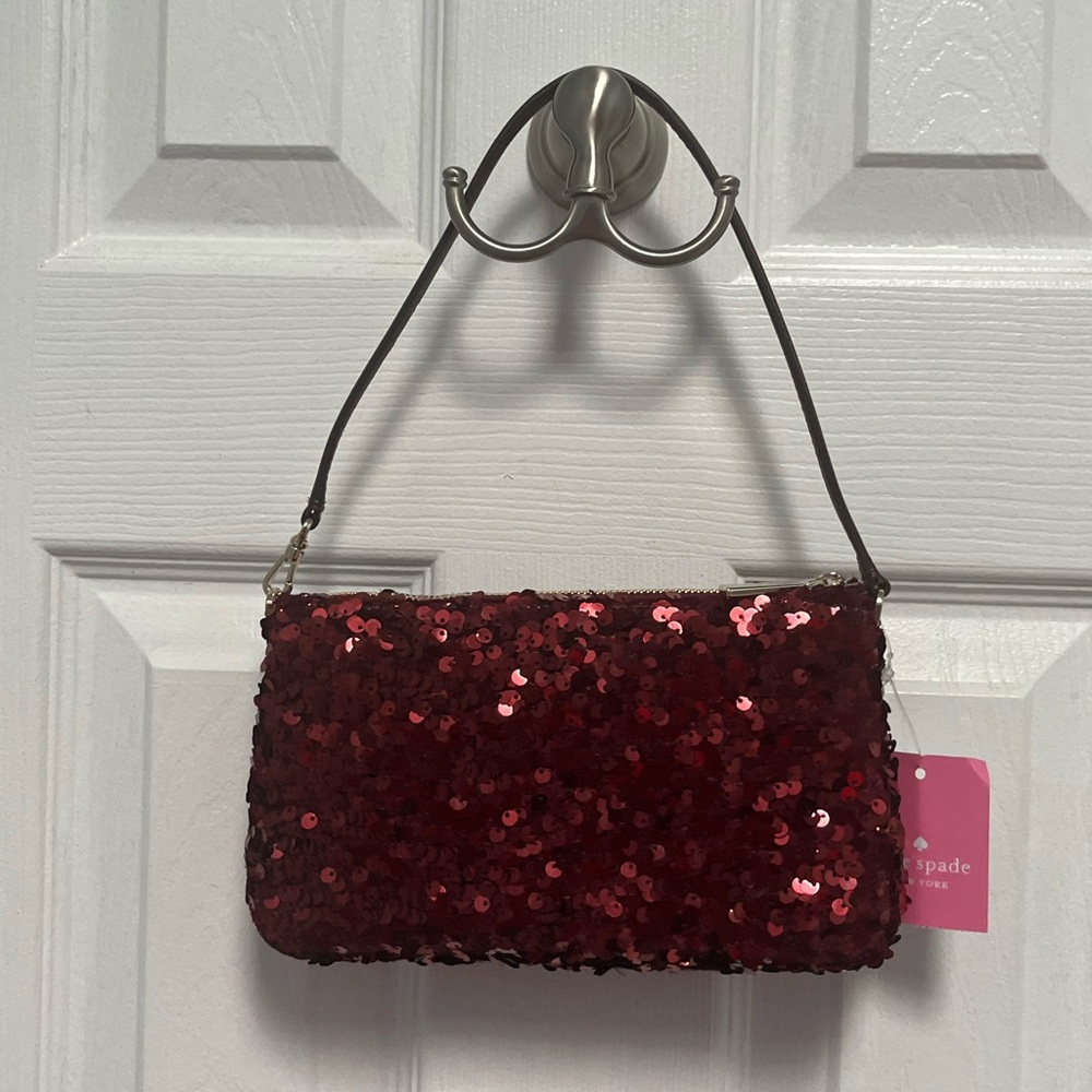 Kate Spade NY Kiki Sequin Fabric Convertible Bag Purse Wristlet Deep Berry New - Picture 8 of 16